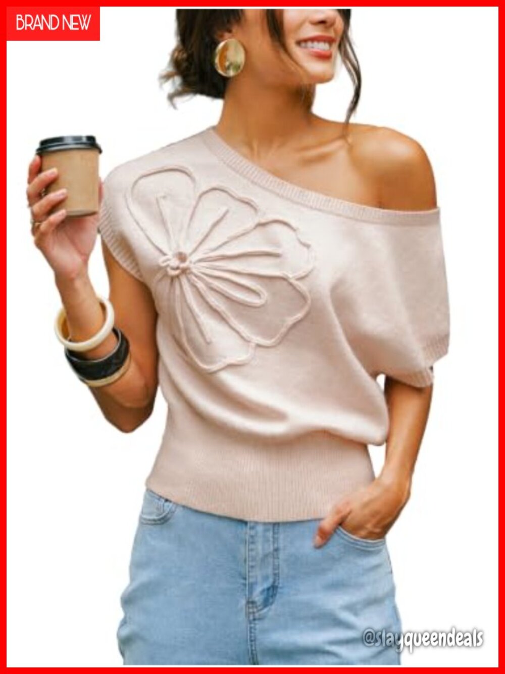 Off Shoulder Knit Sweater Short Sleeve Solid Pullover Top